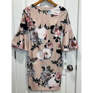 NWT Calvin Klein Floral Print Bell Sleeve Dress Size 4 Blush Pink Career